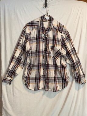Women’s Plaid Button-Up Shirt in White, Burgundy & Yellow